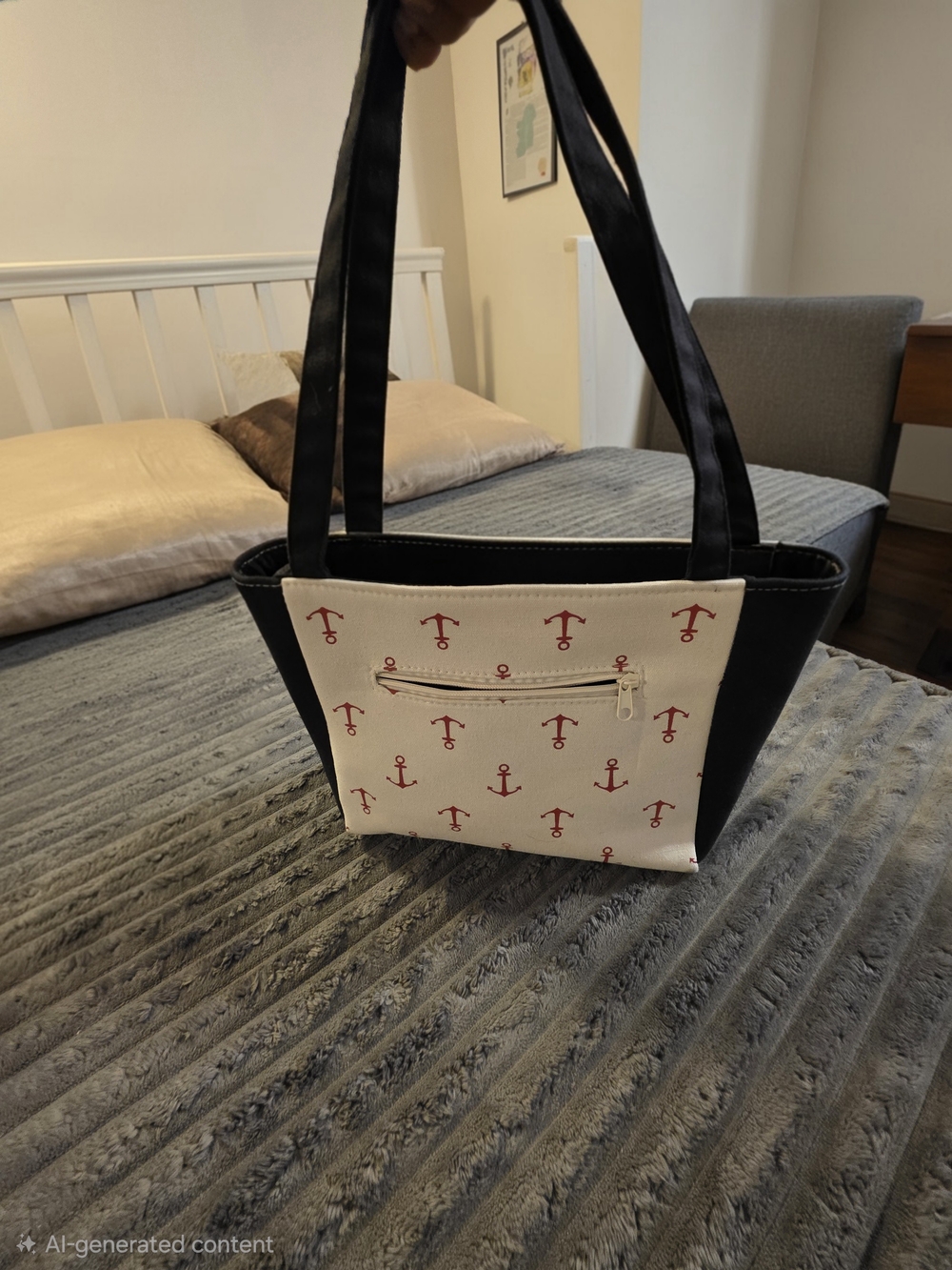 Canvas Anchor Print Tote Bag with Black Trim